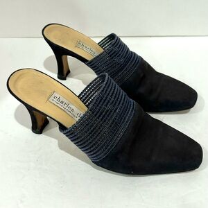 CHARLES DAVID Women’s Vintage Knit Navy & Tan Slip On Mules Heels Shoes - size 7